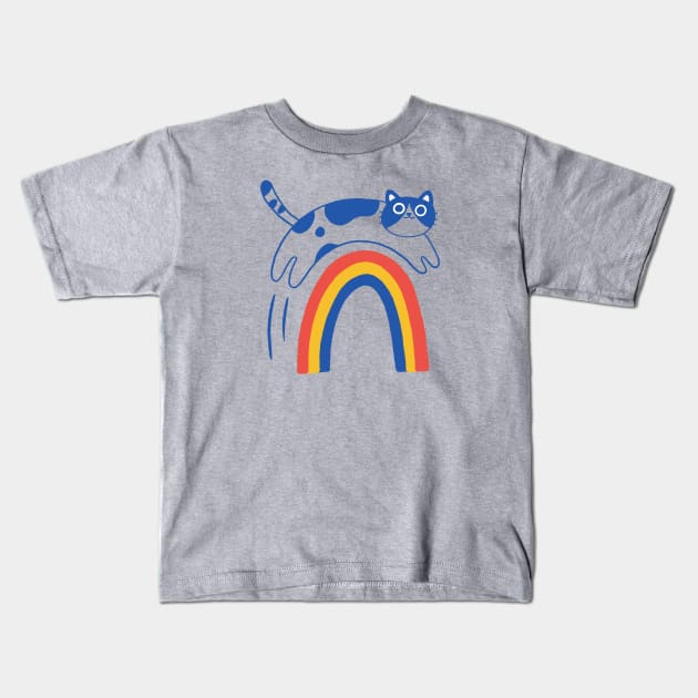 Cat jumps over the rainbow Kids T-Shirt by awesomesaucebysandy